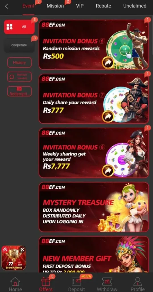 invites a friends and earn real money rewards in 88EF Game